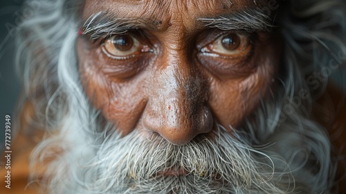 close-up portrait of the face of an old indian man with white hair and a long beard