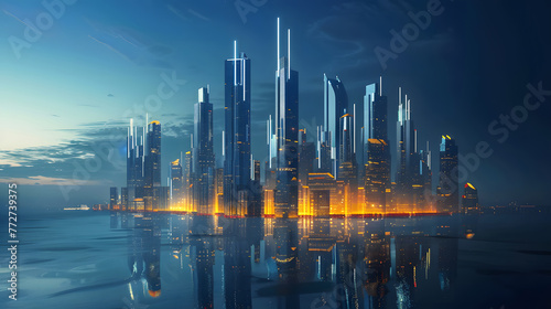 Futuristic skyscrapers illuminate the city. generative ai.