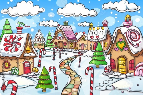 Cartoon cute doodles of a candy village where the houses are made of gingerbread and the streets are paved with candy canes  Generative AI