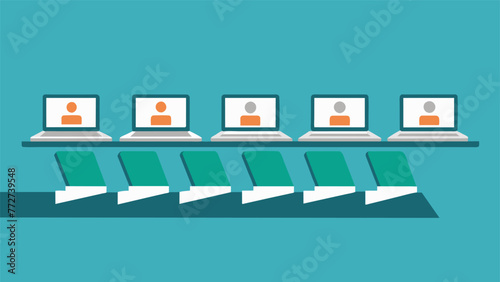 A shot of a row of laptops on desks each displaying a leadership training program.