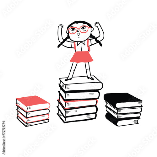 Happy cute child  standing on the tower of books on white background.