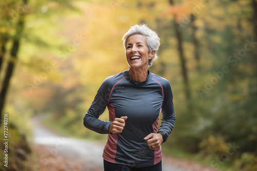 Lady jogging, fit elder woman, going through the woods
