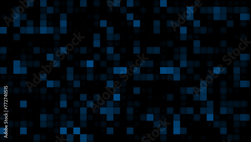 Abstract digital background with blue pixels on a black matrix.