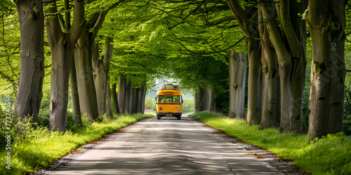 Ônibus escolar amarelo clássico dirigindo por uma estrada arborizada photo