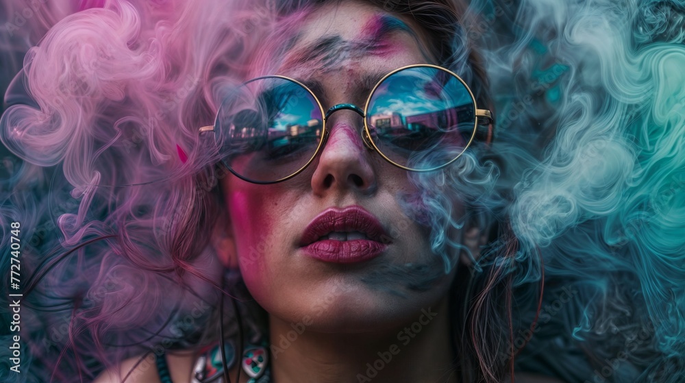Portrait of a beautiful woman with pink and blue smoke on her face