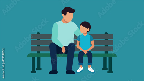 A father and son sitting side by side on a park bench their feet gently tapping in unison a sign of their comfortable and synchronized