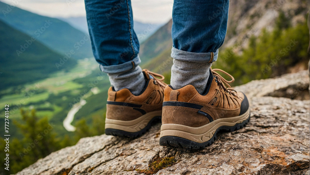 Closeup of female in hiking shoes standing on cliff look out over outdoor mountains landscape. Seen from behind