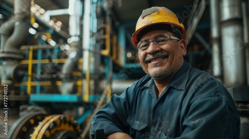 A smiling worker in an industrial valve factory, exuding safety and control. Factory mechanisms, precision tools, pipes and levers on the background.