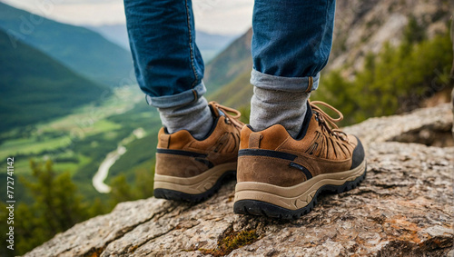 Obraz na płótnie Closeup of female in hiking shoes standing on cliff look out over outdoor mountains landscape. Seen from behind w salonie