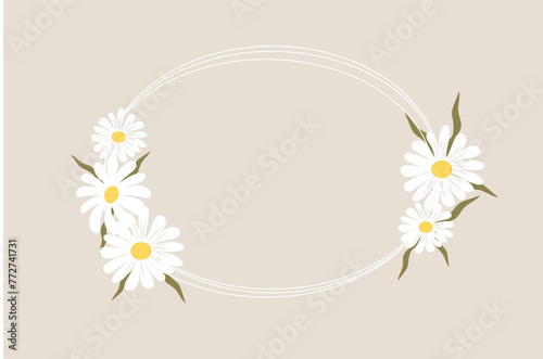 Daisy thin line frame oval wreath, border with flowers and leaves isolated. Simple floral spring or summer decoration.