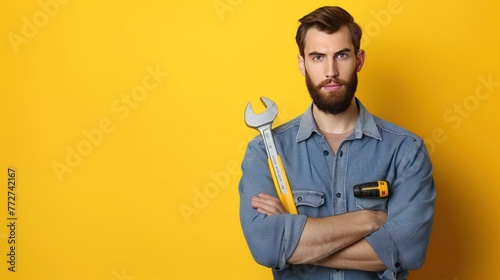 full body isolate Man holding tool spanner with write background   photo