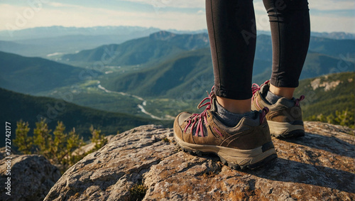 Closeup of female in hiking shoes standing on cliff look out over outdoor mountains landscape. Seen from behind photo