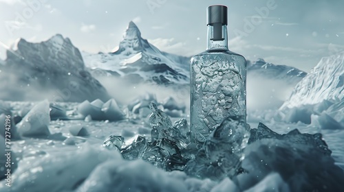 Elegant Perfume Bottle Amidst Ice and Snow, Captures the Essence of Winter. Ideal for Luxury Branding and Frosty Themes. AI