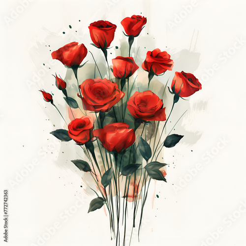 bouquet of red roses on white background, watercolor style