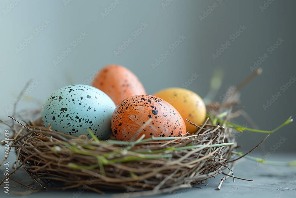 Easter eggs in nest, celebration, animal egg, yellow, green color Easter eggs in nest, celebration, animal egg, yellow, green color