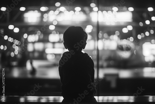 Boy looking out window at lights of city at night, indoors, lifestyle, black and white, back lit