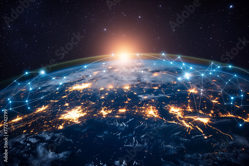 Earth with network lines and satellites, glowing, wave, dark, planet
