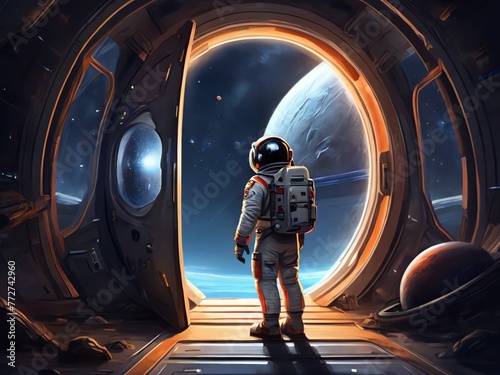 Generative AI. Astronaut Standing At The Door Of A Spaceship T-shirt Design 