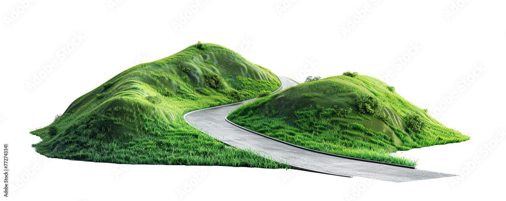 Obraz premium 3D of winding road going up to the top of green mountain, isolated on white background, png