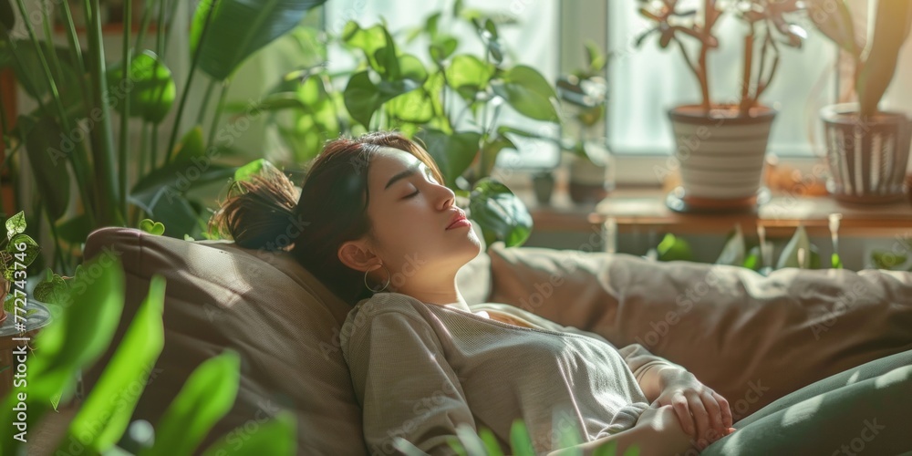 An asian woman reclines on top of a couch next to lush green plants, appearing relaxed and comfortable An asian woman reclines on top of a couch next to lush green plants, appearing relaxed and comfortable