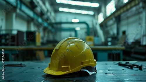 A bright yellow hard hat placed on top of a table, symbolizing safety and construction work