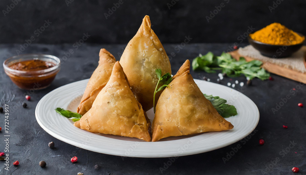 Indian snack samosas on a plate.	
