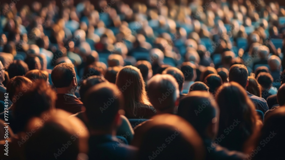 A crowd of people in a dark room attentively listening to a speaker - obrazy, fototapety, plakaty 
