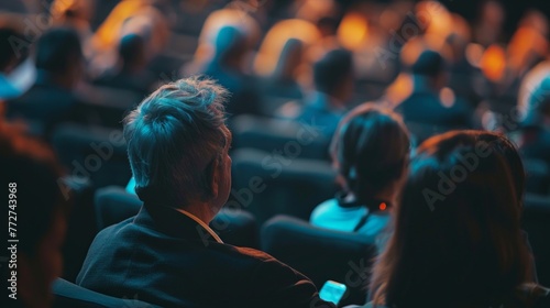 A group of people are sitting attentively in front of a screen, listening to a speaker