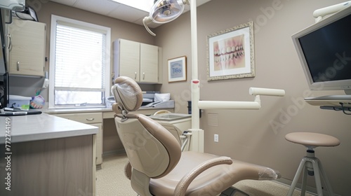 Professional, realistic photograph of a dental office, pristine dental chair, sterile environment, bright artificial lighting, neutral-colored walls, clinical atmosphere,  