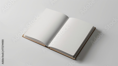 Pristine open book displaying empty pages with a blank label, awaiting creative content on a clean white desk