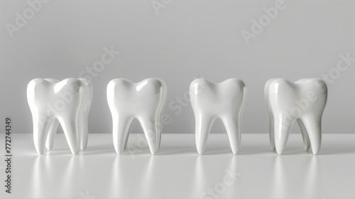 ultra-realistic photo of 5 accessories in shape of tooth on white table  minimalistic  creative 