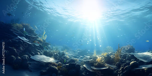 Blue sunlight illuminating underwater sea aquatic ecosystem underwater photography oceanic background © Hassan