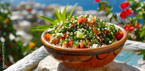 Colorful tabbouleh salad with fresh bulgur wheat. Healthy Middle Eastern dish ai image