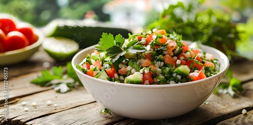 Fresh tabbouleh salad filled with vibrant colors and bulgur wheat. Middle Eastern delight ai image