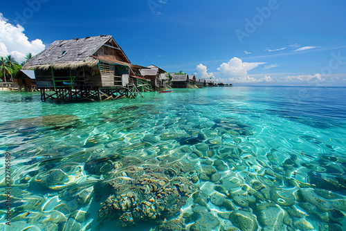 A traditional wooden village at the center of the sea