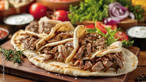 Mouthwatering shawarma slices, whether lamb or chicken. Middle Eastern culinary delight ai image photo