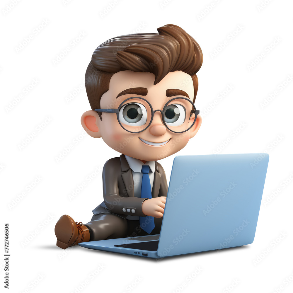 3D cute young businessman character with laptop 3D cute young businessman character with laptop