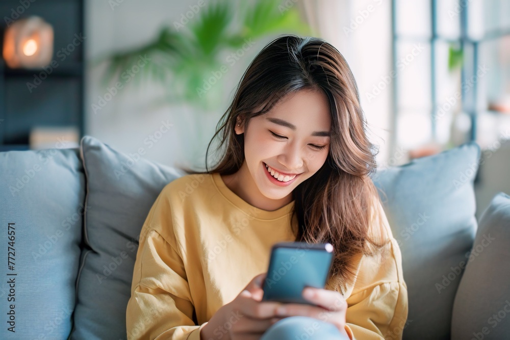 Asian woman playing with smartphone while laughing Asian woman playing with smartphone while laughing