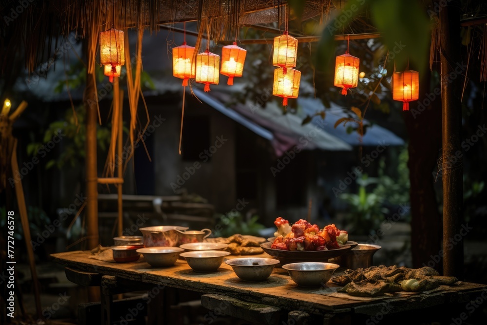 Pho soup in a Vietnamese village setting with lanterns hanging overhead. Pho soup in a Vietnamese village setting with lanterns hanging overhead.