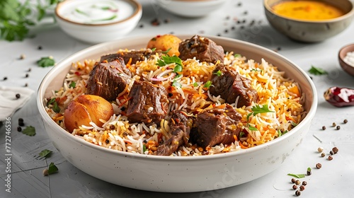 Beef Biryani with raita and gulab jamun Served in a dish side view on grey background