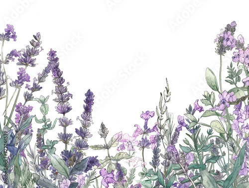 A flowing cascade of doodled lavender and herbs, creating a vertical banner of flora