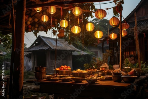 Pho soup in a Vietnamese village setting with lanterns hanging overhead. © OhmArt