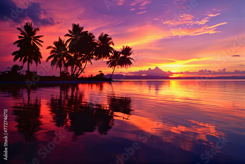 sunset ocean palm trees tropical beach illustration paradise summer sea tourism © SachiDesigns