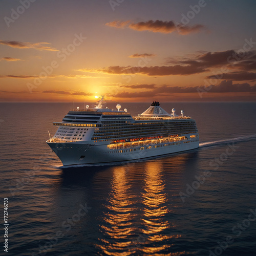 An aerial view of a massive cruise ship sailing in the ocean at sunset. 01.