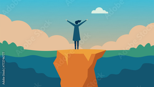 A person standing alone on a cliff arms open wide symbolizing the feeling of liberation and renewal that comes with fully accepting and moving