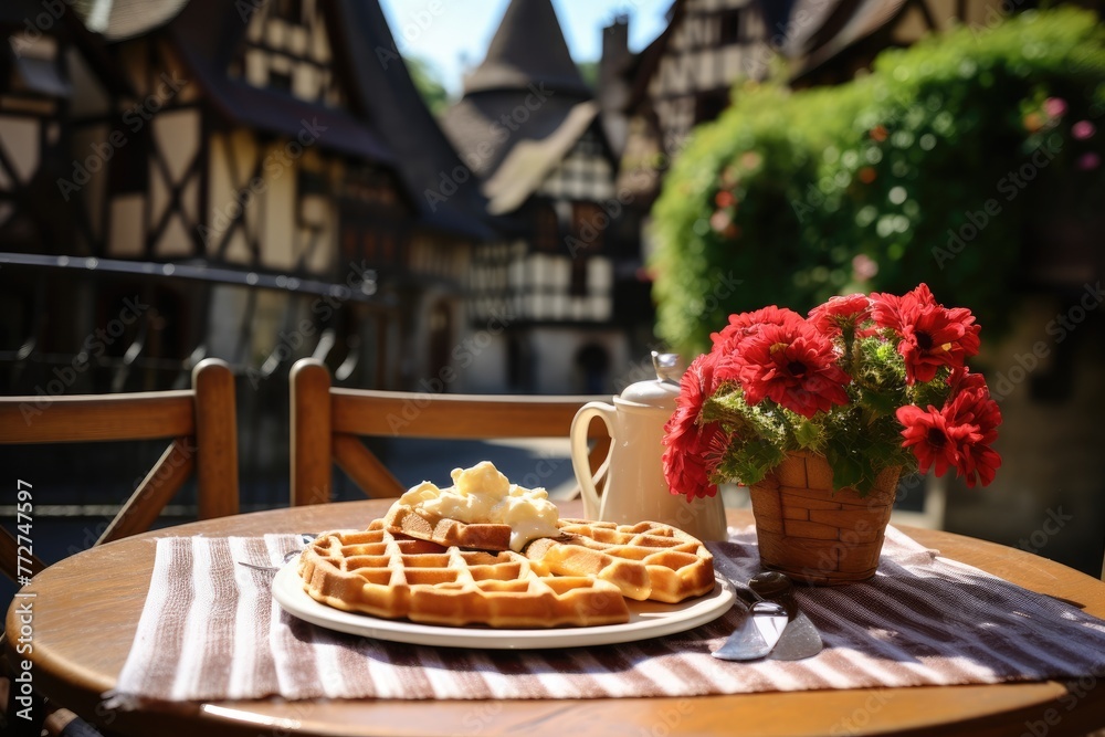 Belgian waffles presented on an outdoor cafe table in a historic village square.