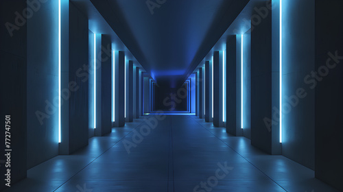 A long, empty hallway with white walls and a white ceiling. The walls are lined with white lights, creating a bright and sterile atmosphere