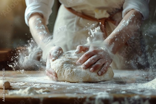 Woman kneading dough with flour splash. Cooking bakery products. Hands working with dough preparation recipe bread. 