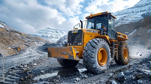 yellow grader digging the earth on a construction site at a diamond mine