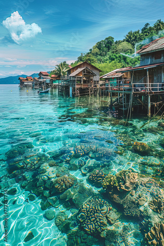 A traditional wooden village at the center of the sea